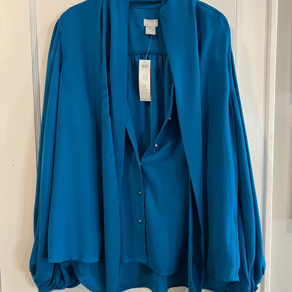Chico’s blue long sleeve crepe tie blouse- never worn- new with tags!